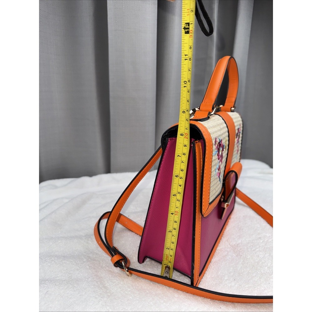 Aldo Satchel Handbag Hot Pink Orange Tan Raffia With Floral Embroidery EUC Cute! - Picture 8 of 9